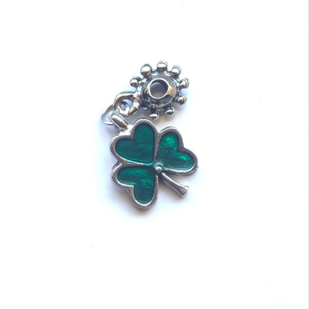 Lucky Silver Tone Green Enamel Clover Mini St Paddys Day Pendant Bracelet Charm